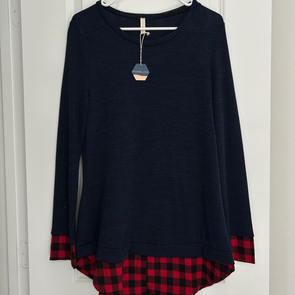 NWT Pink Blush Layered Sweater with Buffalo Check